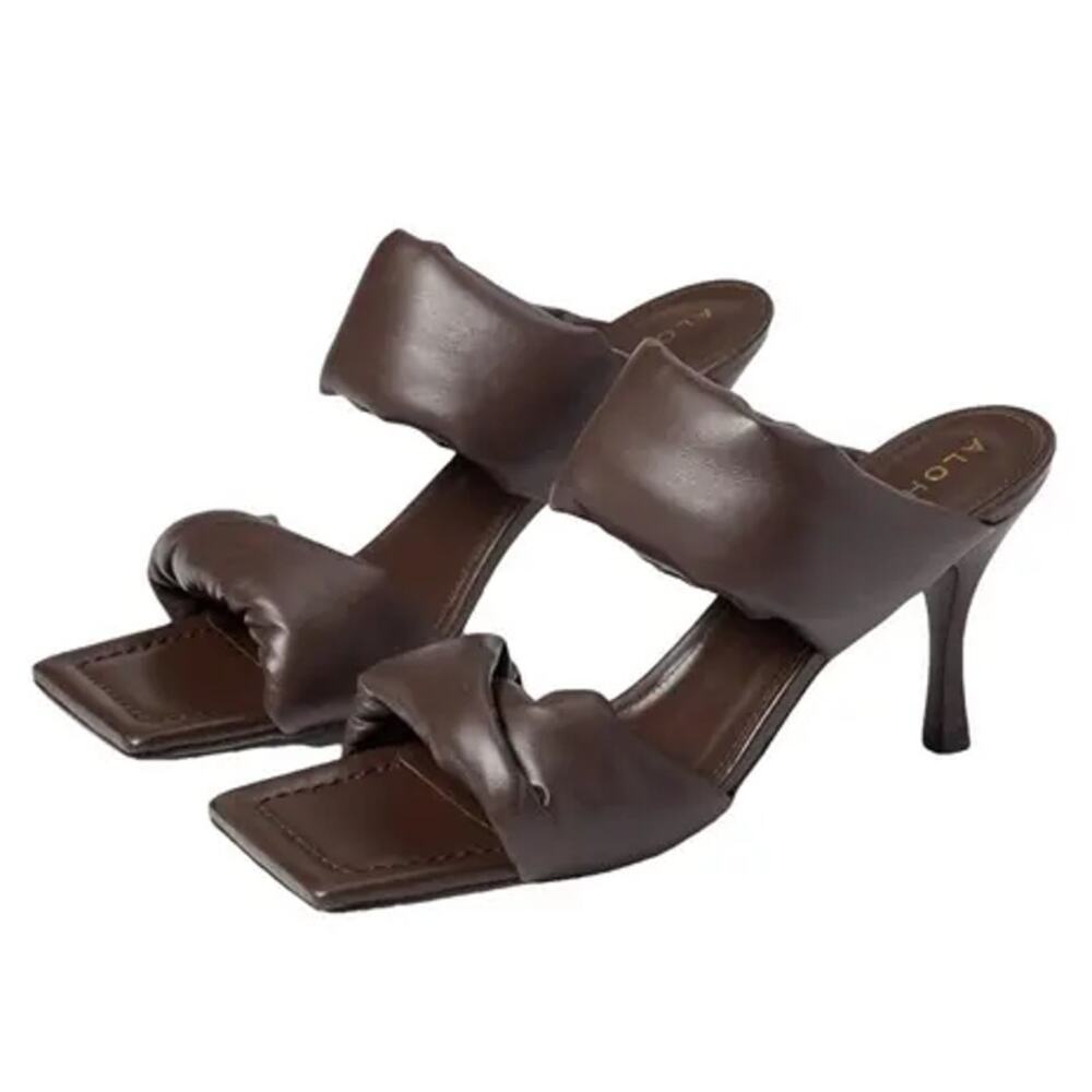 ALOHAS Brown Double-Band Square-Toe Heeled Sandals